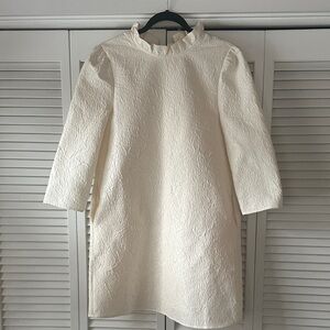 THML Elegant Cream Ruffle High Neck Textured Pockets Long Sleeve Dress